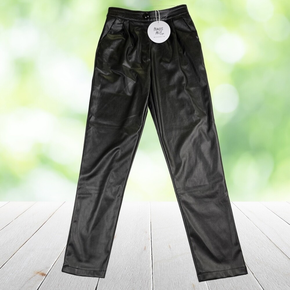 New PRINCESS POLLY Faux Leather Pants High Rise Pleated Straight Leg Black Sz 2